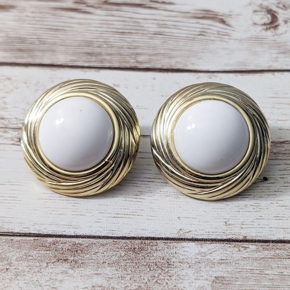 Vintage Clip On Earrings - Just Over 1.25" Gold Tone & White Circle